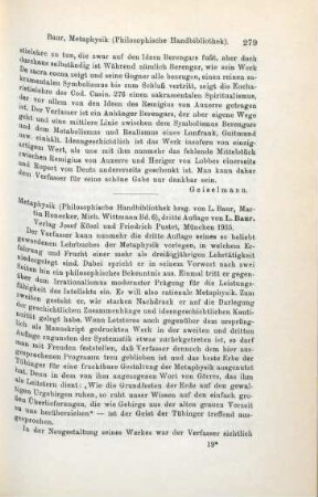279-281 [Rezension] Baur, Ludwig, Metaphysik