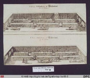 [Zwei Innenansichten des Bibliotheksraumes]: F. B. L. Bibliotheca Wolfenbüttel Die I. Seiten F. B. L. Bibliotheca Wolfenbüttel Die II. Seiten.