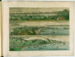 Vogelschauansichten von Sevilla, Cadiz und Malaga in Andalusien/Spanien, kolorierter Kupferstich, nach 1688 : Sevilla ; Cadiz ; Malaga. - [Köln : Peter von Brachel [?], erschienen zwischen 1618 u. 1623]. - 3 Ansichten auf 1 Bl.] : Kupferst. ; Blattgr. 57 x 43 cm