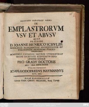 Dissertatio Inavgvralis Medica De Emplastrorvm Vsv Et Abvsv