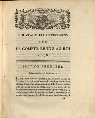 Sur Le Compte Rendu Au Roi En 1781. : Nouveaux Éclaircissemens