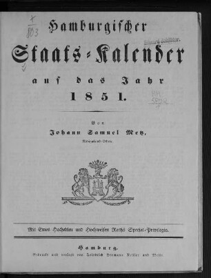 1851: Hamburgischer Staats-Kalender : auf das Jahr