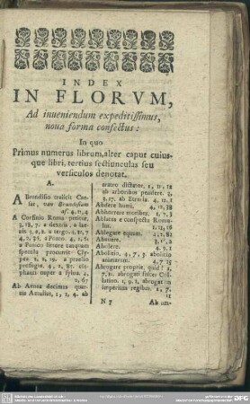 Index In Florum, Ad inveniendum expeditissimus, nova forma confectus