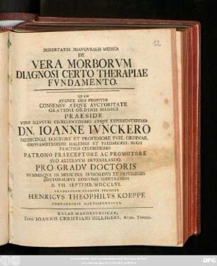 Dissertatio Inavgvralis Medica De Vera Morborvm Diagnosi Certo Therapiae Fvndamento