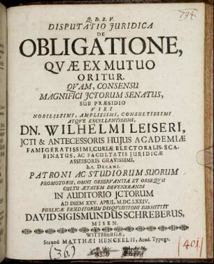 Disputatio Iuridica De Obligatione, Quae Ex Mutuo Oritur