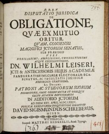 Disputatio Iuridica De Obligatione, Quae Ex Mutuo Oritur