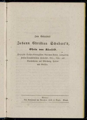 Zum Gedächtniß Johann Christian Schubart´s, Edeln von Kleefeld[...]