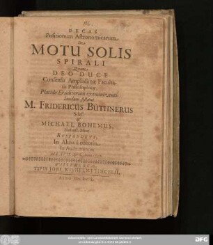 Decas Positionum Astronomicarum De Motu Solis Spirali