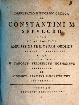Dispvtatio Historico Critica De Constantini M. Sepvlcro