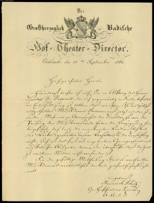 Joseph Joachim (1822-1882) und Helene Raff (1865-1942) Nachlass: Brief des Hoftheaters Karlsruhe an Joseph Joachim Raff - BSB Raffiana I. Karlsruhe, Hoftheater