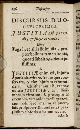 Discursus Duodevicesimus. Justitia est provida, & fugit perieula.