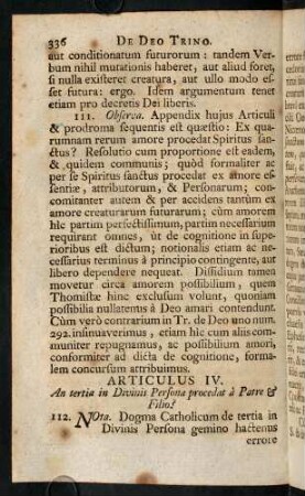 336-362, Articulus IV. An tertia in Divinis Persona procedat à Patre & Filio?