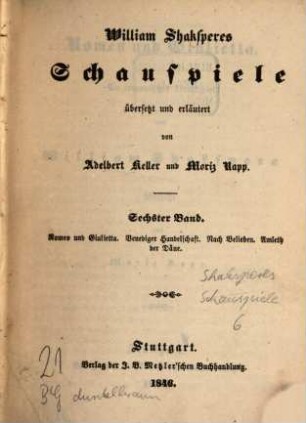 Schauspiele, übers. u. erläutert von Adelbert Keller u. Moriz Rapp, VI