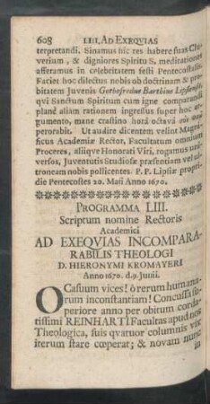 Programma LIII. [...] Ad Exequias Incompararabilis Theologi D. Hieronymi Kronmayeri