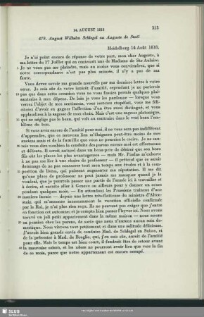 August Wilhelm von Schlegel an Auguste Louis de Staël-Holstein, Heidelberg, 14.08.1818