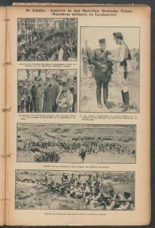De España.- Entierro de don Marcelino Menéndez Pelayo.- Maniobras militares en Carabanchel.