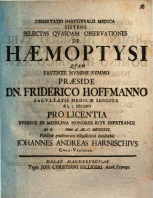 Dissertatio inauguralis medica sistens selectas quasdam observationes de haemoptysi