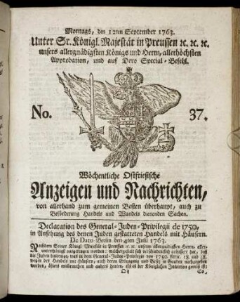 No. 37. Montags, den 12ten September 1763.