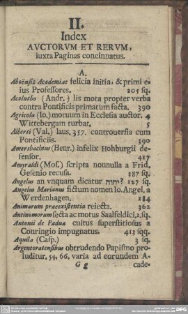 II. Index Auctorum et Rerum, iuxta Paginas concinnatus