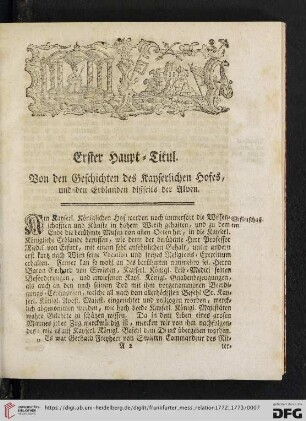 Erster Haupt-Titul. Von den Geschichten des Kayserlichen Hofes, und den Erblanden disseits der Alpen