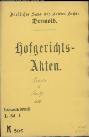 Krecke, Hermann, Bürgermeister zu Horn gegen Kurd Hentze - Schuldforderung