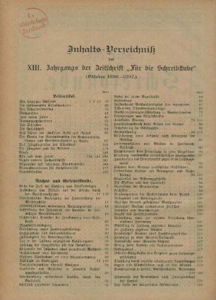 Inhalts-Verzeichniß des XIII. Jahrgangs der Zeitschrift "Für die Schreibstube" (Oktober 1896-1897)