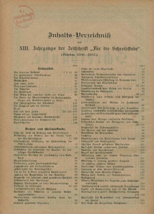 Inhalts-Verzeichniß des XIII. Jahrgangs der Zeitschrift "Für die Schreibstube" (Oktober 1896-1897)