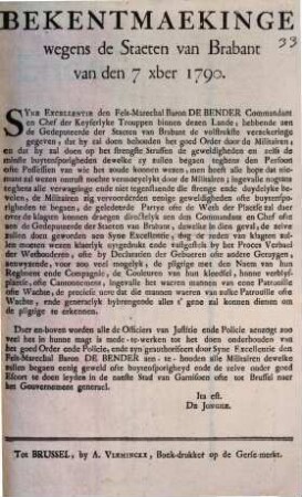 Bekentmaekinge wegens de Staeten van Brabant van den 7 xber 1790
