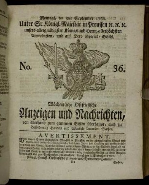 No. 36. Montags, den 8ten September 1760.