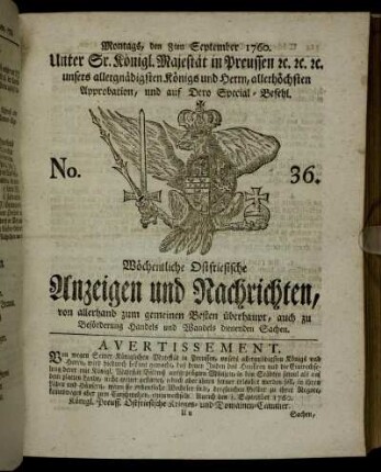 No. 36. Montags, den 8ten September 1760.