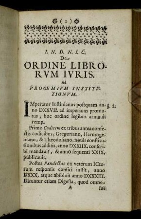 De Ordine Librorum Iuris. Ad Prooemium Institutionum.