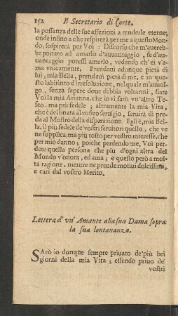 Lettera d' un' Amante alla sua Dama sopra la sua lontananza.