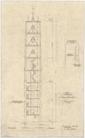 Gsaenger, Gustav; Kassel (Hessen); Kreuzkirche, Wiederaufbau - Tektur zum Eingabeplan, Turm (Schnitt)