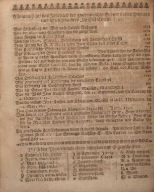 Allmanach auf das Jahr nach der gnadenreichen Geburt unsers Heylands und Seeligmachers Jesu Christi 1749.