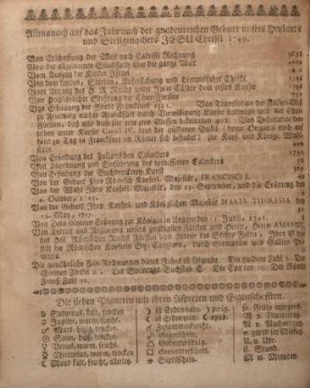 Allmanach auf das Jahr nach der gnadenreichen Geburt unsers Heylands und Seeligmachers Jesu Christi 1749.
