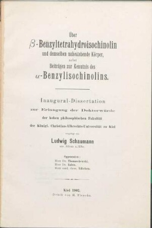 Über β-Benzyltetrahydroisochinolin und demselben nahestehende Körper, nebst Beiträgen zur Kenntnis des α-Benzylisochinolins