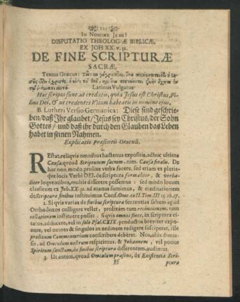 Disputatio Theologiae Biblicae, De Fine Scripturae Sacrae