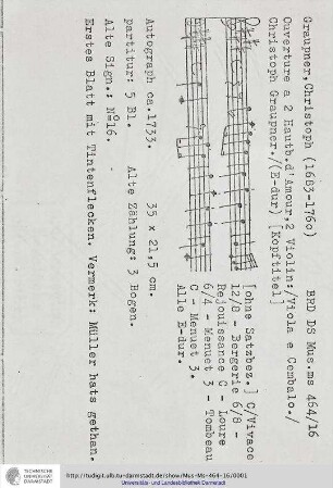 Ouverture a 2 Hautb. d'Amour, 2 Violin: / Viola e Cembalo. / Christoph Graupner.