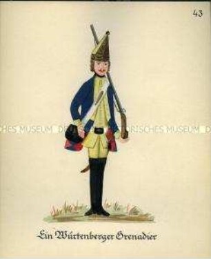 Uniformdarstellung, Grenadier, Herzogtum Württemberg, 1760/1761. Kopie der Originaltafel 43 aus Becher: Wahrhaftige Nachrichten.