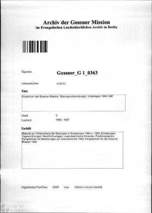 Kuratorium der Gossner Mission, Sitzungsvorbereitungen, Unterlagen 1984-1987