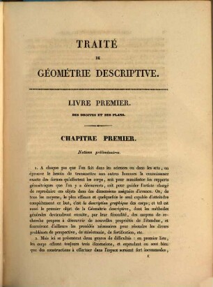 Traité de Geometrie descriptive : avec une collection d'épures, composée de 60 planches, 1. Texte