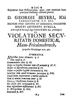 De violatione securitatis domesticae Haus-Friedensbruch, prop. Wittebergae 1701