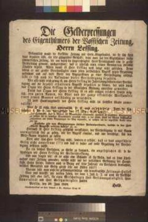 Maueranschlag: Die Gelderpressungen des Herrn Lessing. Held gibt die Verletzung des Pressegesetzes durch den Herausgeber der Vossischen Zeitung bekannt; Berlin, 30. Juni 1848