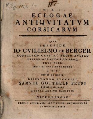 Jo. Guilielmi Bergeri Eclogarium Corsicum, 3. Exercitatio ... Eclogae Antiquitatum Corsicarum