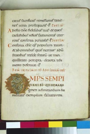 Guntbald-Sakramentar — Schriftseite mit Initiale, Folio fol. 66r