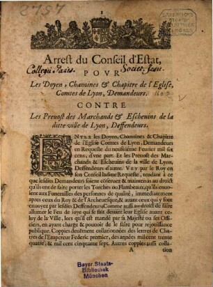 Arrest du Conseil d'estat pour les doyens, chanoines et chapitre de l'eglise ...