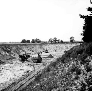 Kiesgrube: Blick von oben in die Grube: Kiesabbau: hinten Bagger, Förderanlagen und Kieshaufen: im Hintergrund Grubenrand mit Büschen: hinten links Wohnhäuser