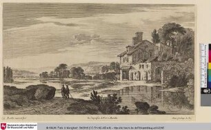 [Flusslandschaft mit Wanderern am Ufer und Blick auf ein Haus]