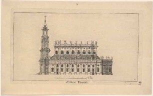 Die Katholische Hofkirche in Dresden, Aufriss der nordwestlichen Fassade mit einem Maßstab in Ellen, Teil einer Reihe Dresdner und sächsischer Ansichten von Schlitterlau um 1770