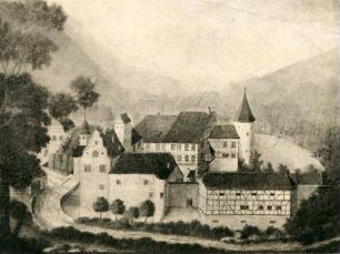 Ansicht eines Gebäudekomplexes an einem Fluss im 17. Jahrhundert, vermutlich ein Kloster